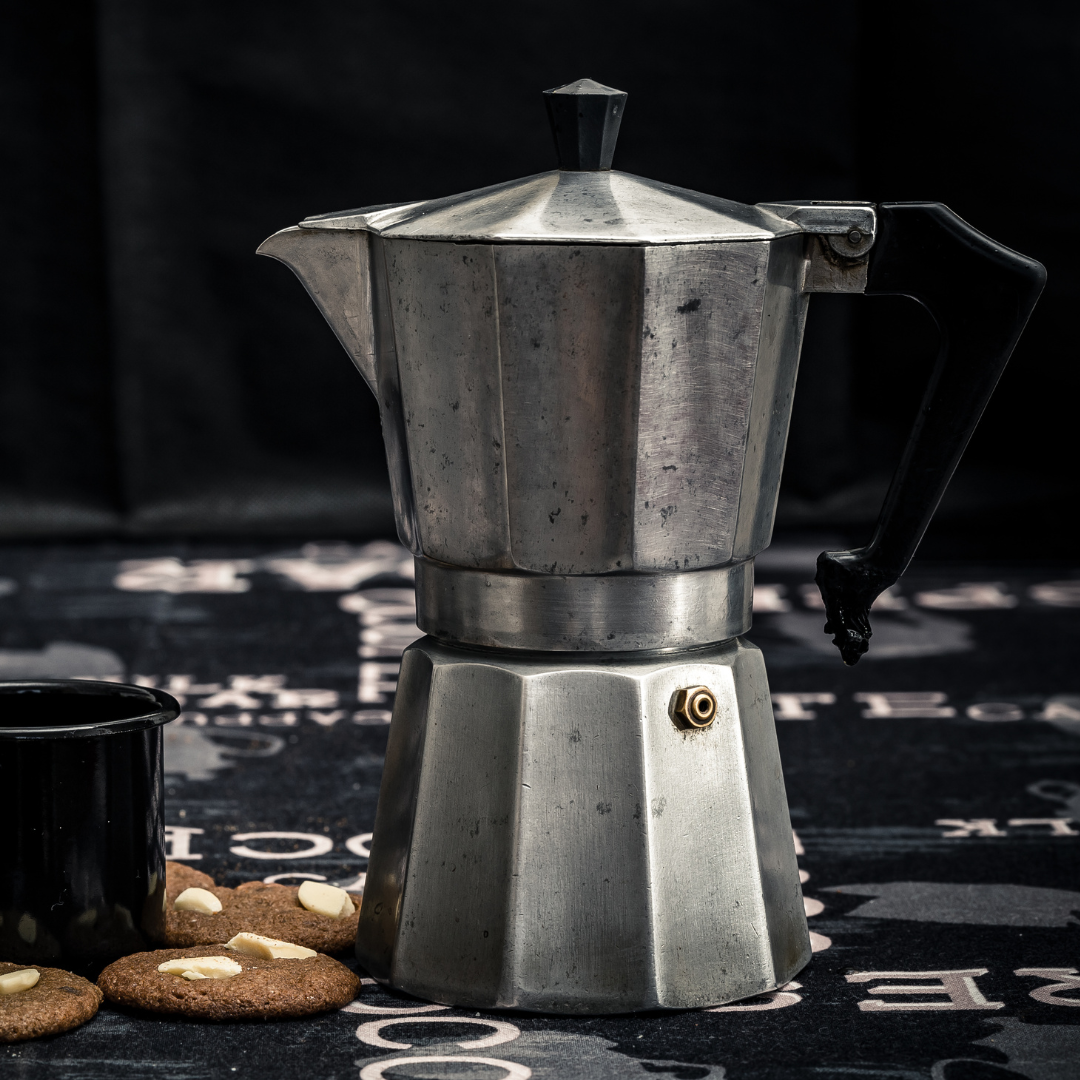 coffee, 9 cup stove top coffee pot silver, lifestyle image with biscuits