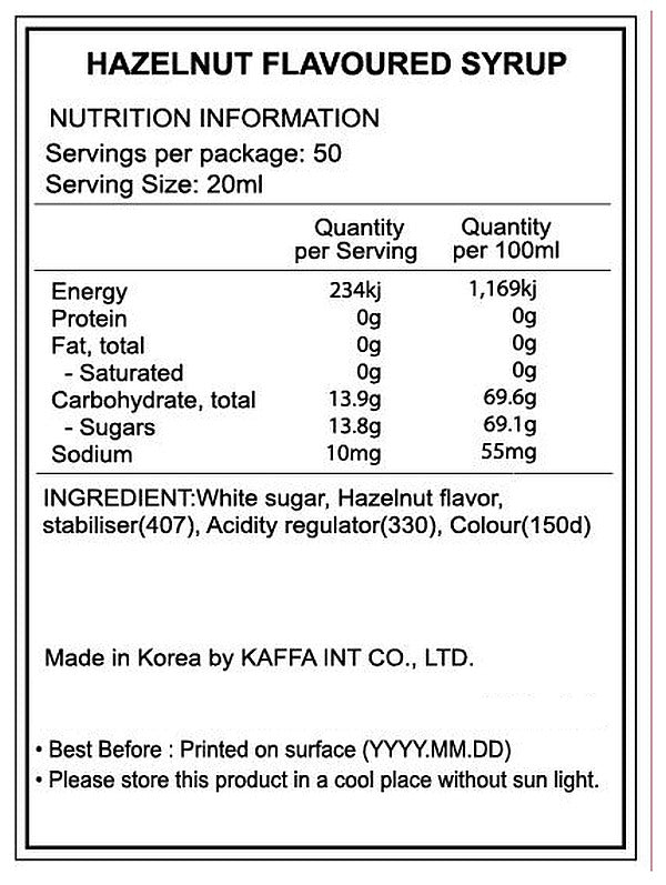 Nutrition information label for hazelnut-flavored syrup