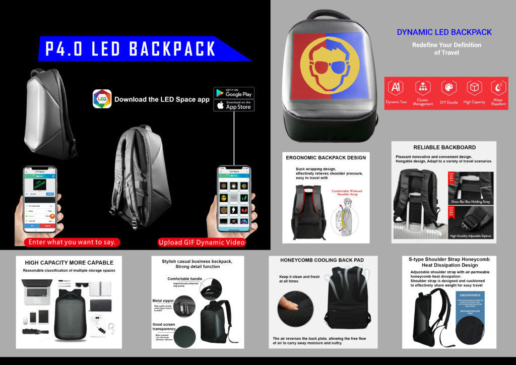 LED back pack, laptop bag, product image,specifications