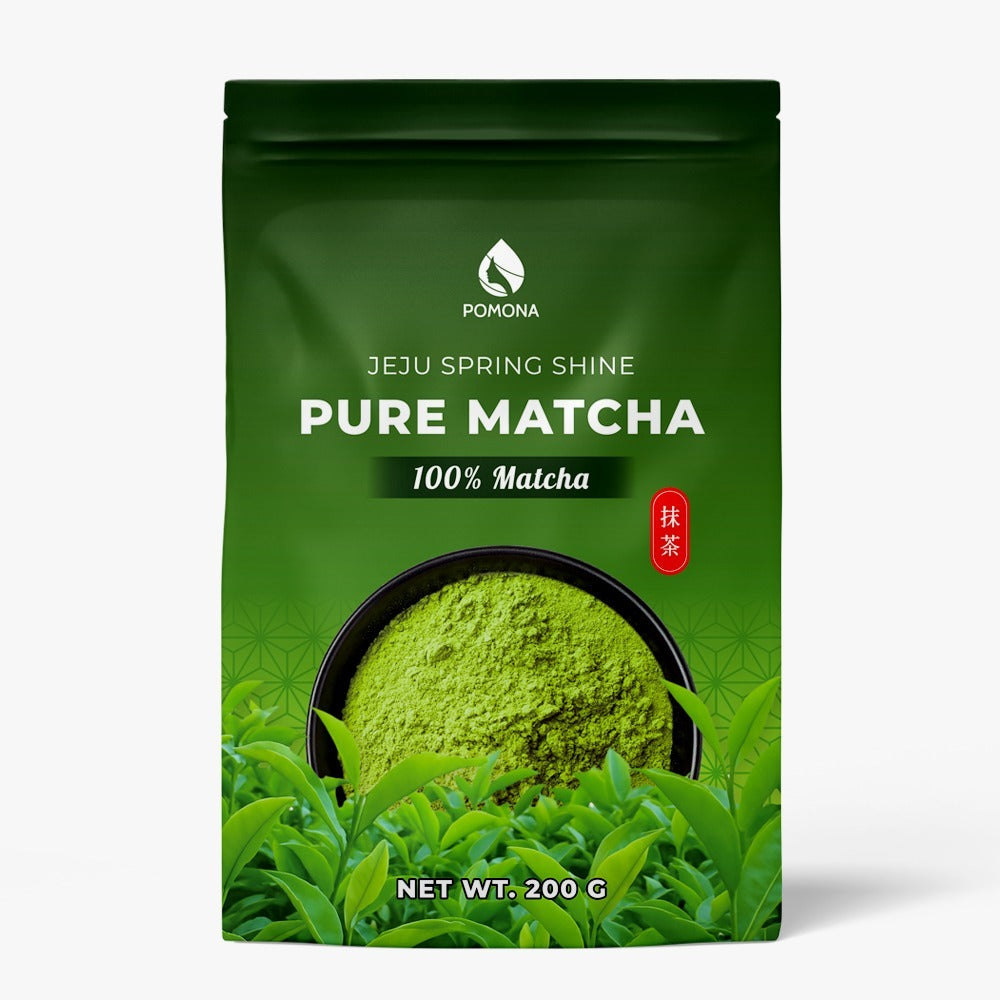 Green package of Pomona Jeju Spring Shine Pure Matcha on a white background