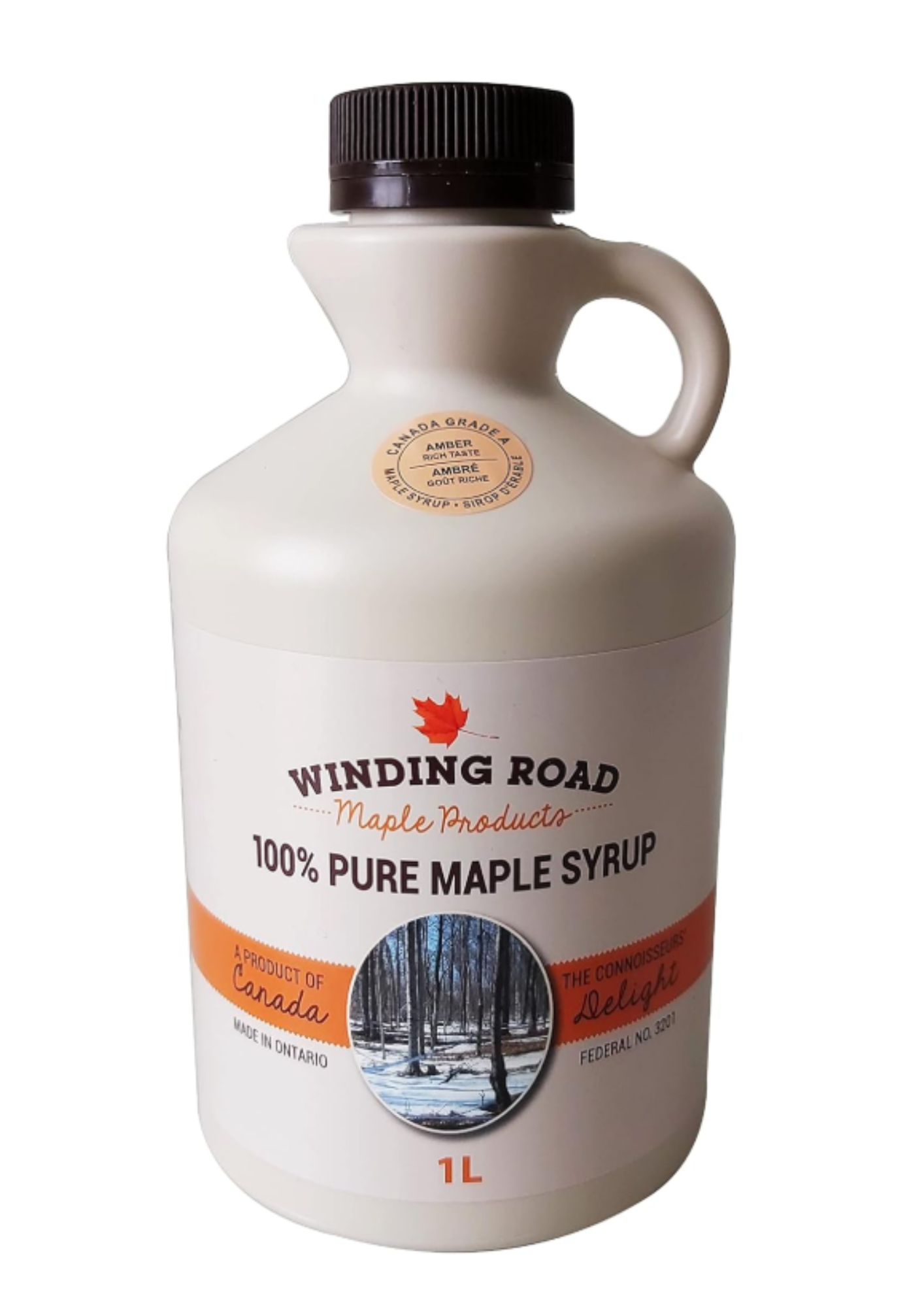Winding Road Maple Products 100% Pure Maple Syrup bottle on a white background