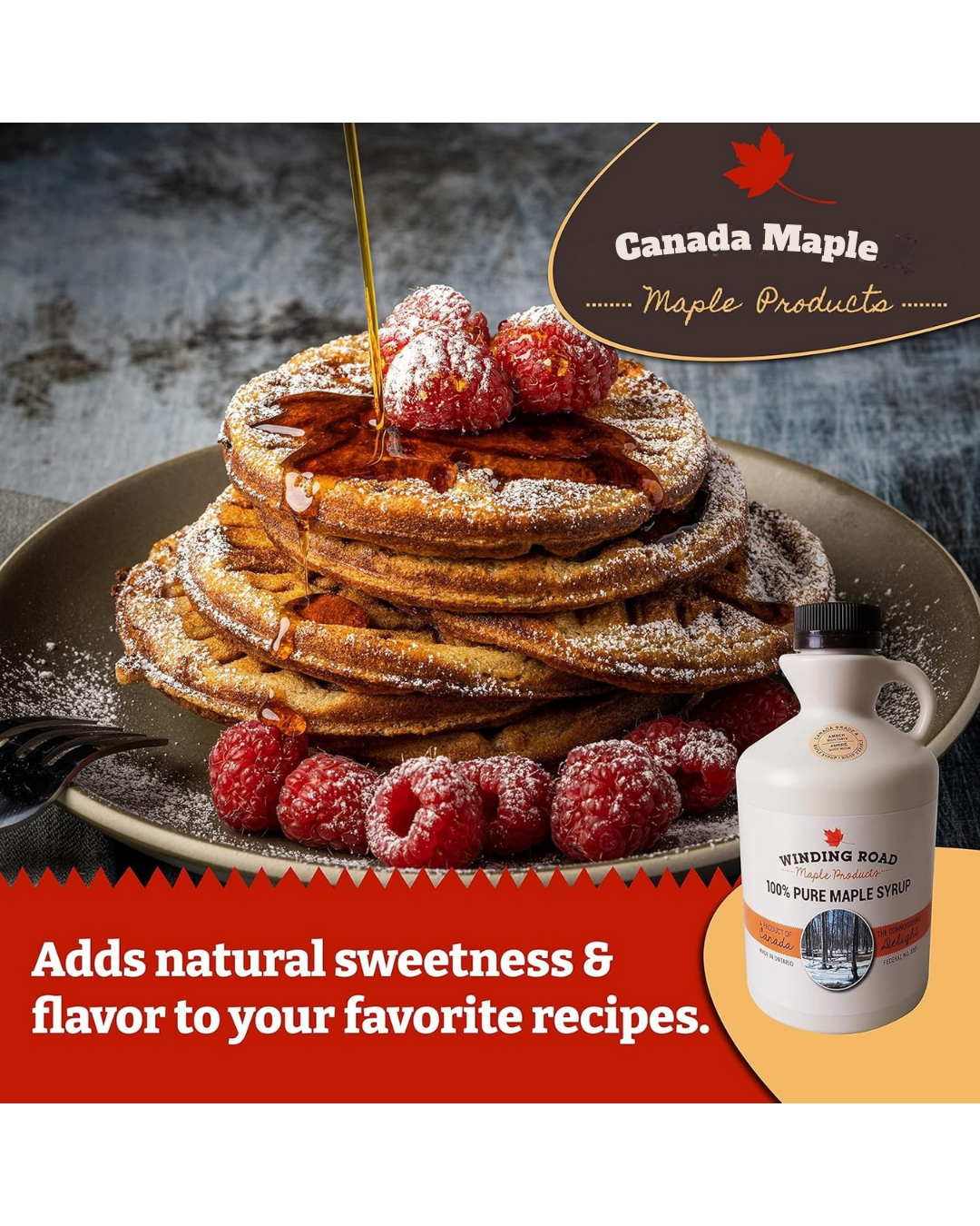 Stack of pancakes with syrup and raspberries, Canada Maple syrup bottle, and 'Canada Maple' branding.
