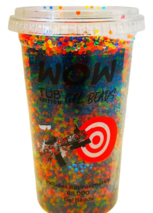 A clear plastic container filled with multicolored gel balls, with a label that reads 'WowTub Gel Beads' and '45 000 Gel Balls'.