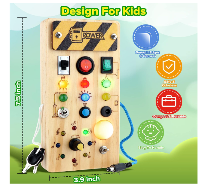 busy boards, busyboard, takealot,sensory busy board with led lights specification image
