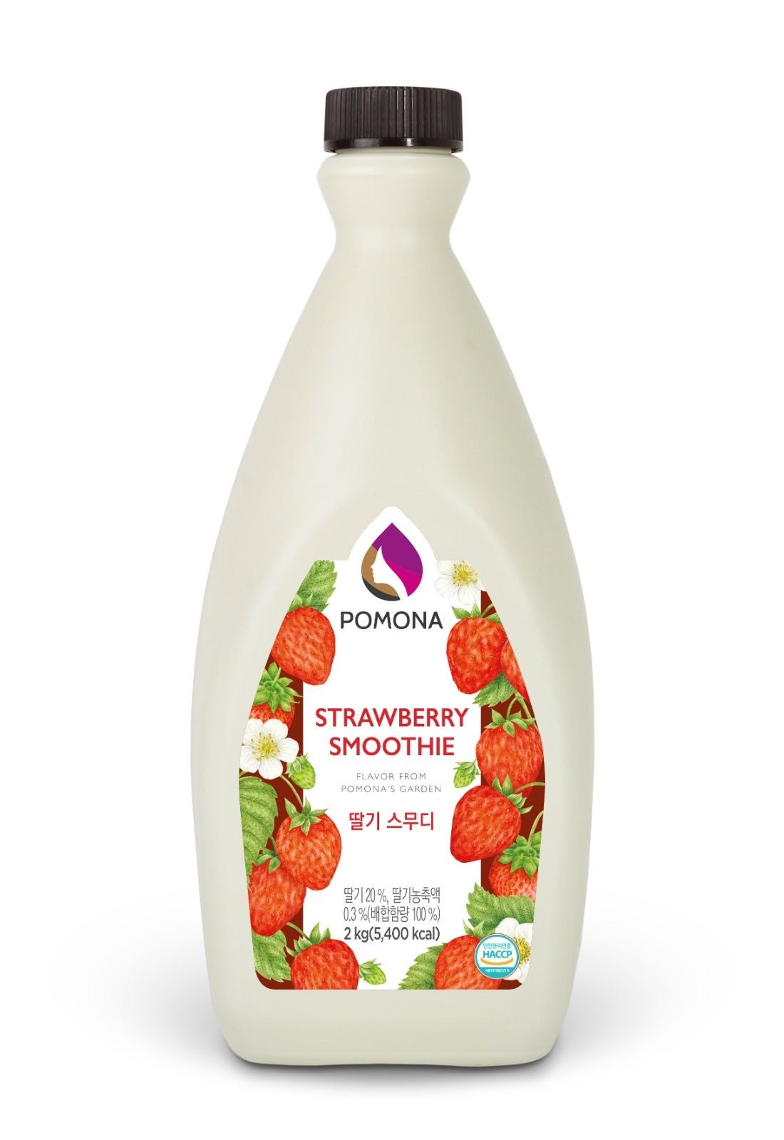Strawberry smoothie bottle with Pomona branding on a white background