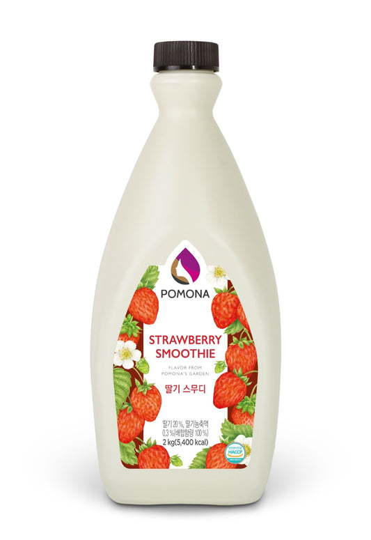 Strawberry smoothie bottle with Pomona branding on a white background