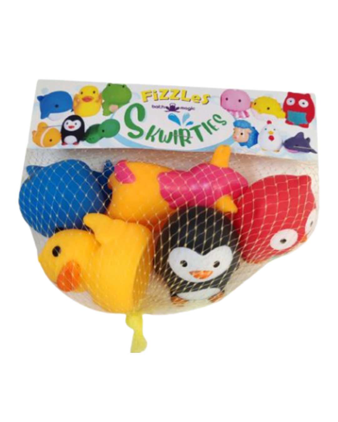A mesh bag containing a set of colorful squishy bath toys shaped like sea creatures, including a yellow duck, penguin, red fish, and blue octopus, with a printed header card reading 'FIZZleS SKWIRTIES