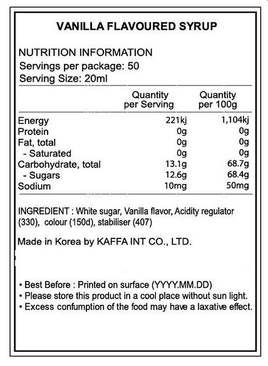 Nutrition information label for vanilla-flavored syrup with details on energy, protein, fat, carbohydrate, sugar, and sodium content.