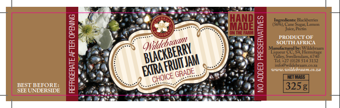 Label of Wildbraam Blackberry Extra Fruit Jam with blackberries and floral elements.