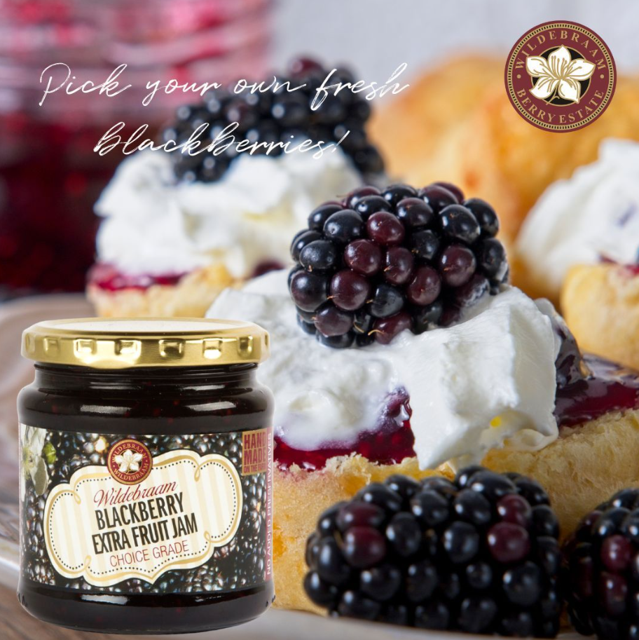 Jar of Wildbaeum Blackberry Extra Fruit Jam with blackberries and desserts in the background