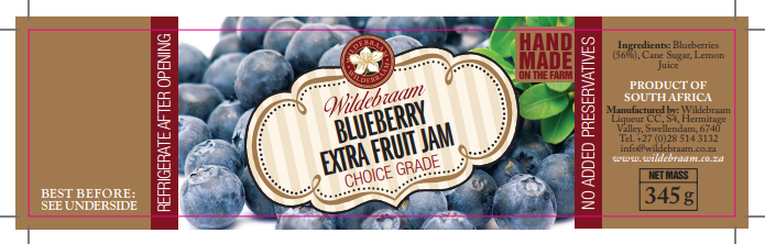 Label of Wildbraam Blueberry Extra Fruit Jam with blueberries in the background