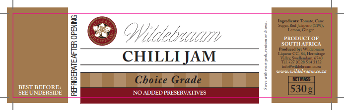 Label of Wildebraam Chilli Jam with branding and product details.