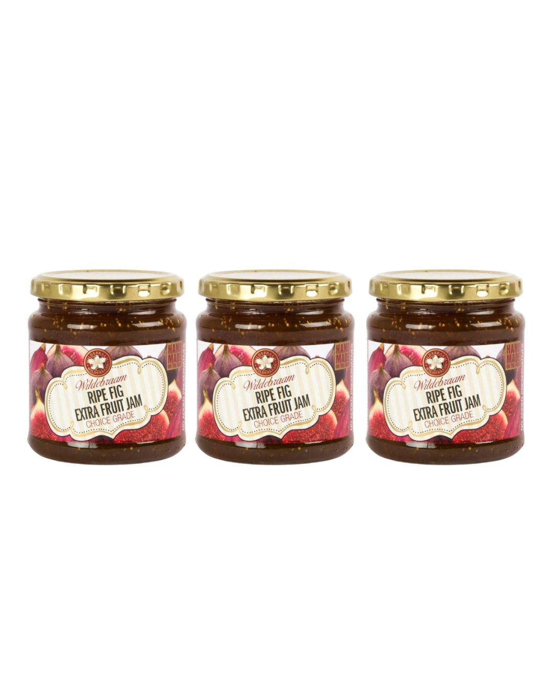 Three jars of ripe fig extra fruit jam on a white background