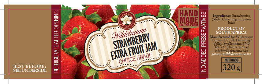 Strawberry jam packaging with red strawberries and gold and red label.