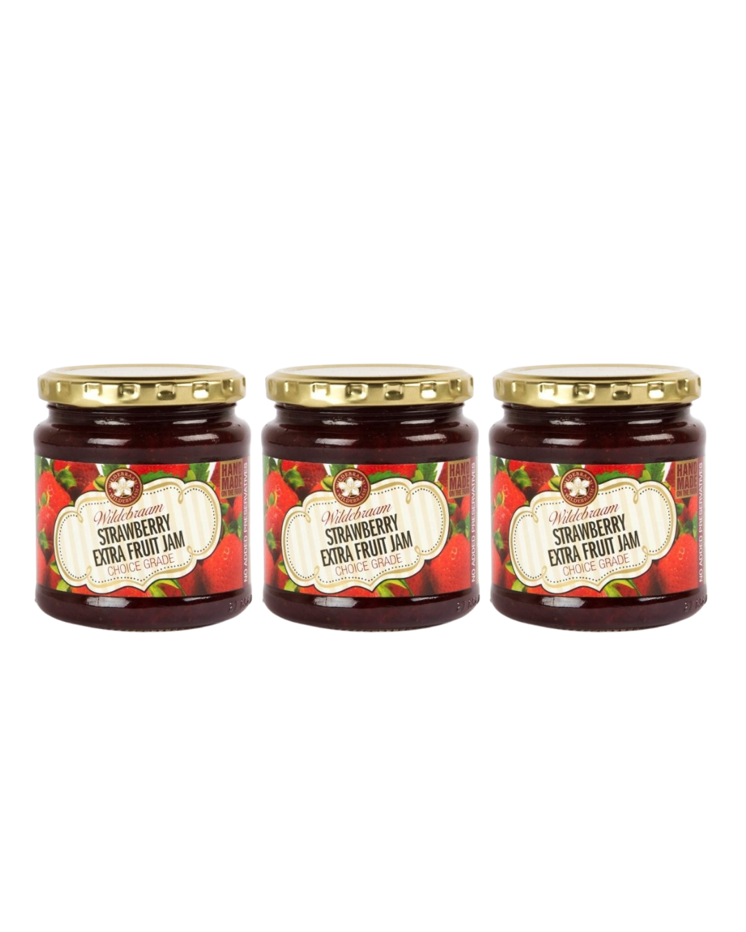 Three jars of strawberry extra fruit jam on a white background