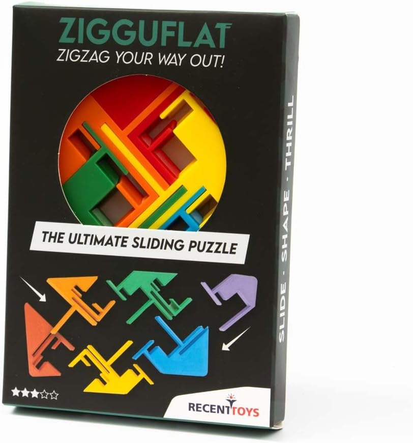 zigguflat, brain teasers, riddles, recent toys, front image packaging