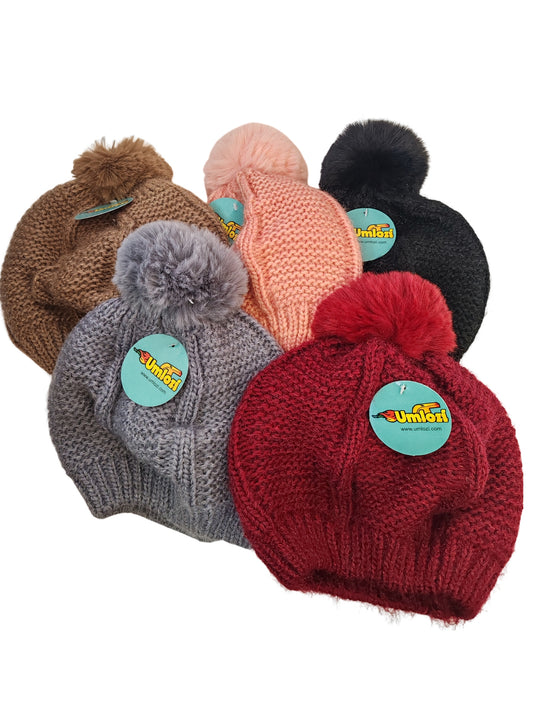 knitted beans assorted colours, fur inner lining, plush beanies