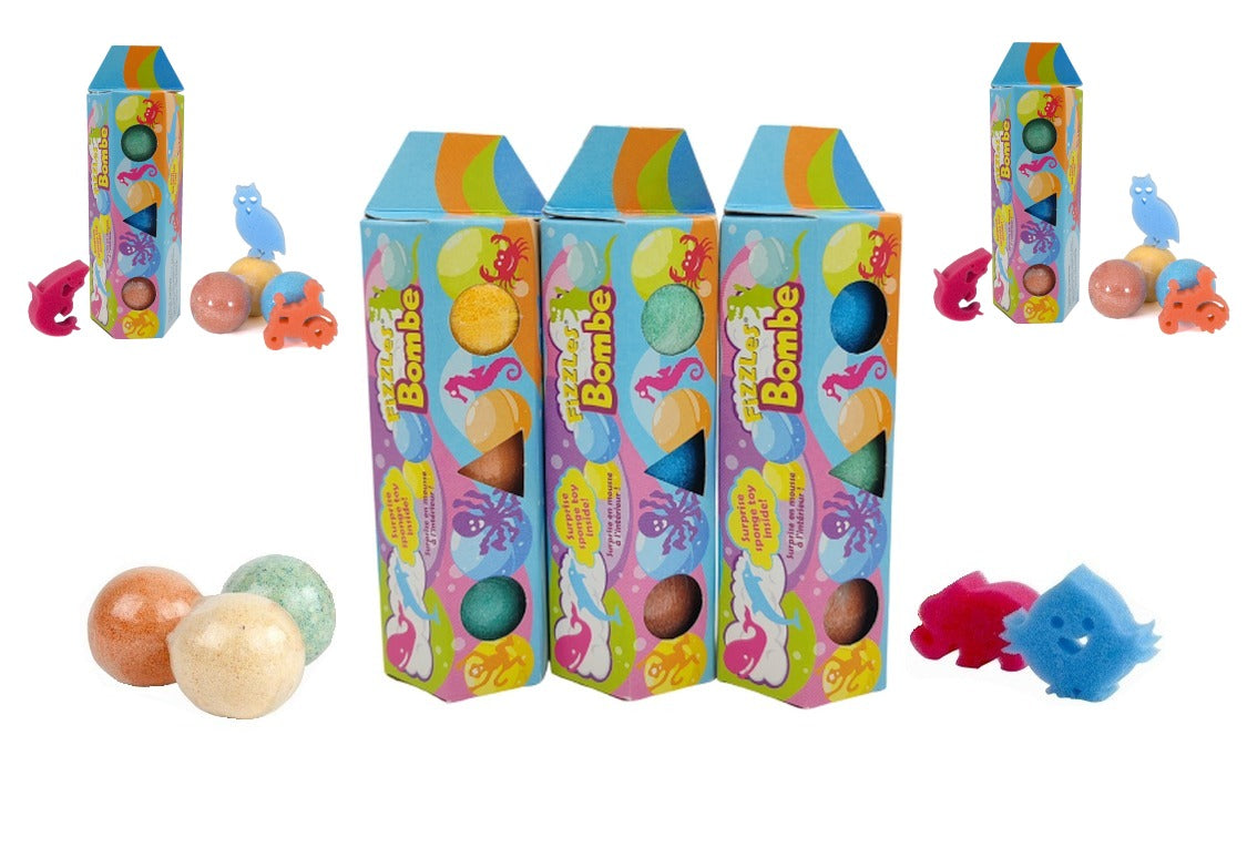 Colorful toy boxes with various toys on a white background