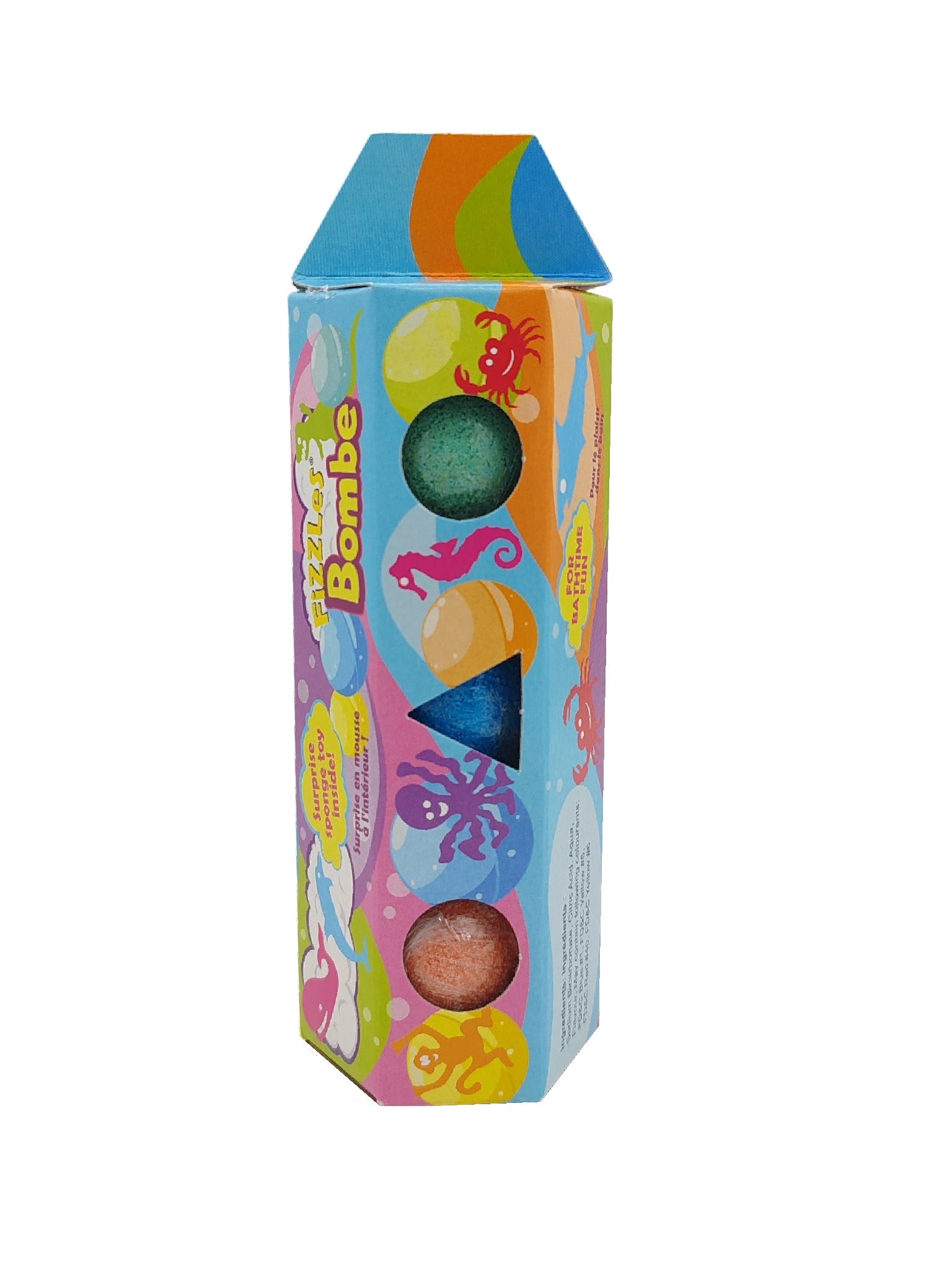 Colorful packaging of a beach bomb with sea-themed graphics on a white background