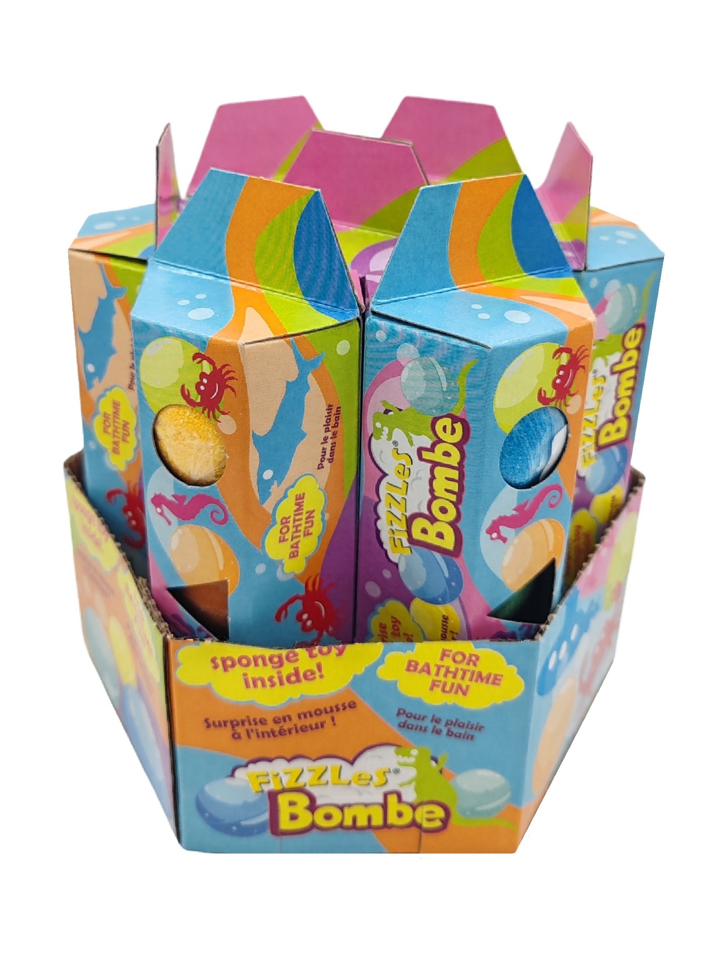 Display of colorful Fizzles Bombe boxes with cartoon characters on a white background