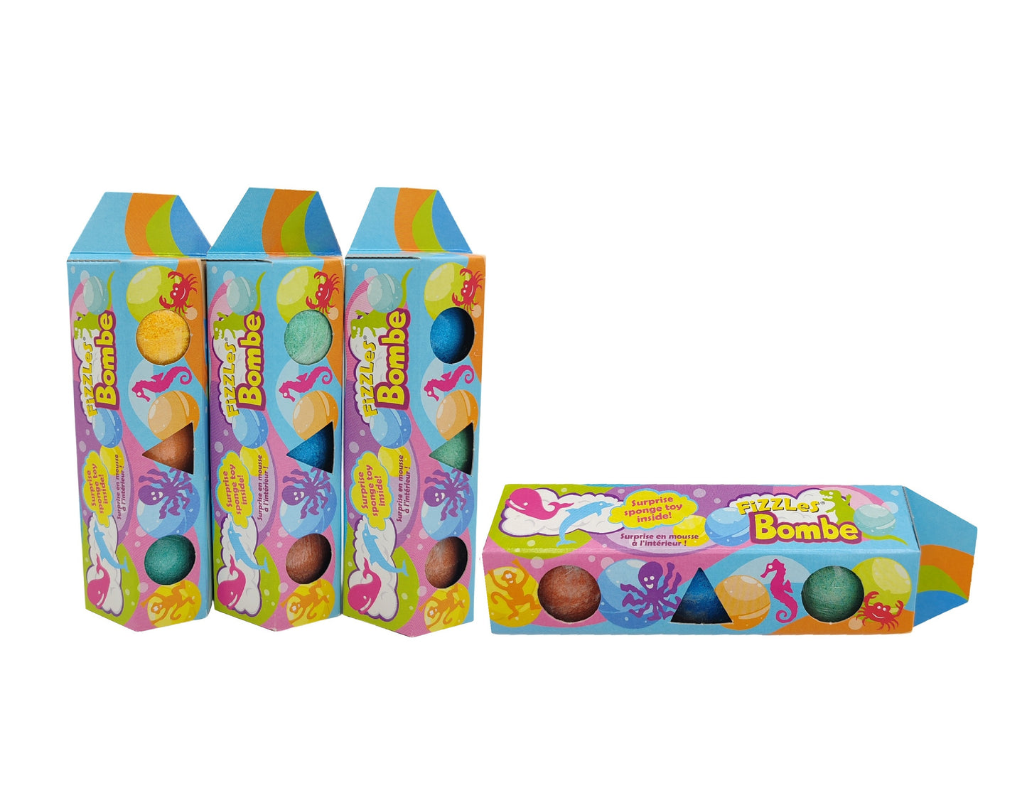 Colorful boxes of 'Bombe' candies on a white background