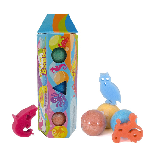 Colorful toy packaging with bath bombs and animal-shaped tools on a white background