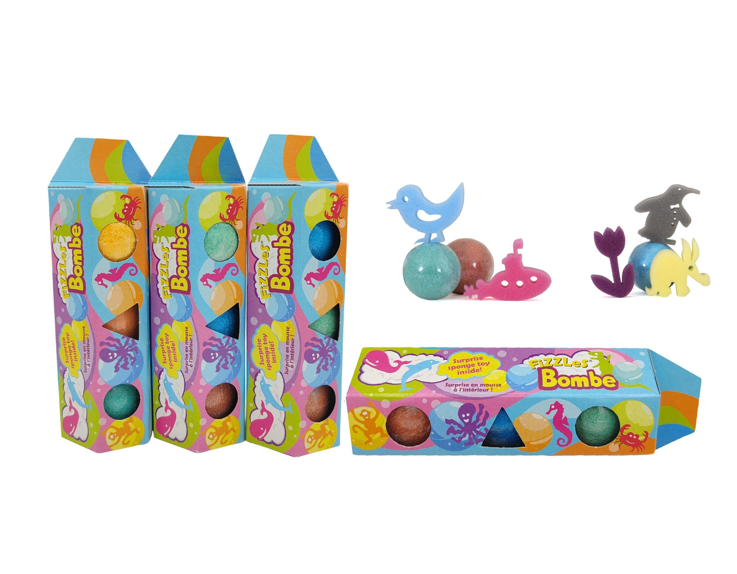 Colorful boxes of 'Bombe' candies with toy figures on a white background