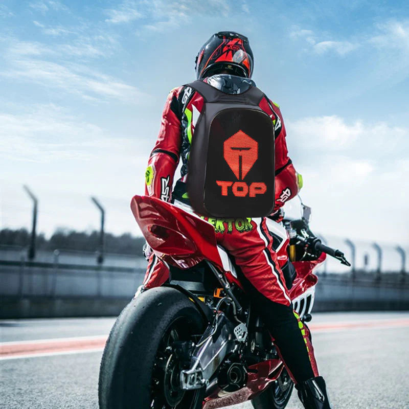 LED back pack, laptop bag, biker wearing the back pack