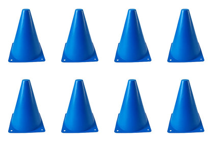 Eight blue plastic training cones arranged in two rows of four on a plain white background.