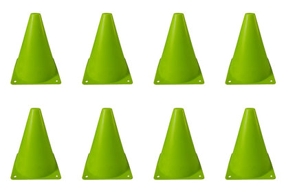 Eight bright lime green plastic traffic cones arranged in two rows of four on a plain white background.