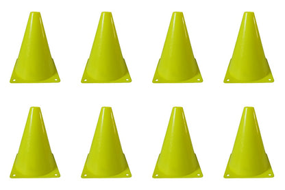 Eight bright yellow traffic safety cones arranged in two rows of four on a plain white background.