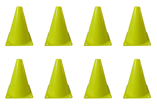 Eight bright yellow traffic safety cones arranged in two rows of four on a plain white background.