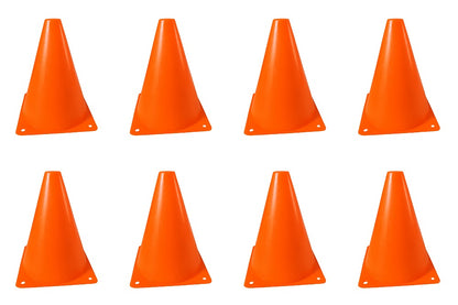 Eight bright orange plastic traffic cones arranged in two rows of four on a plain white background.