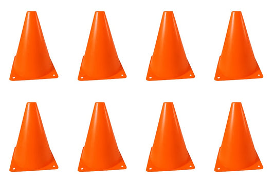 Eight bright orange plastic traffic cones arranged in two rows of four on a plain white background.