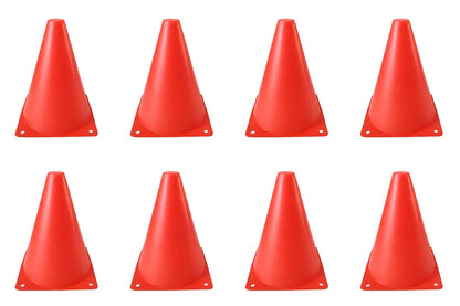 Eight bright red plastic traffic cones arranged in two rows of four on a plain white background.