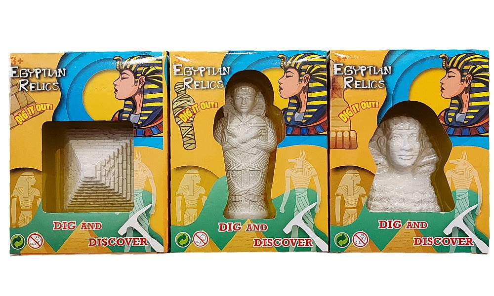Three packaged 'Egypt Dig & Discover' toy sets with illustrations of Egyptian artifacts and a cartoon depiction of a character in an ancient Egyptian costume on the packaging., dig and discover