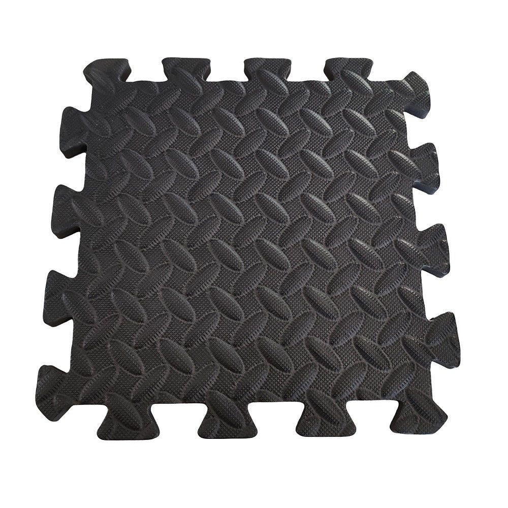 A black Eva Foam coloured mat with a textured surface, consisting of 6 interlocking pieces.