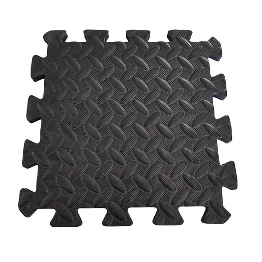 A black Eva Foam coloured mat with a textured surface, consisting of 6 interlocking pieces.