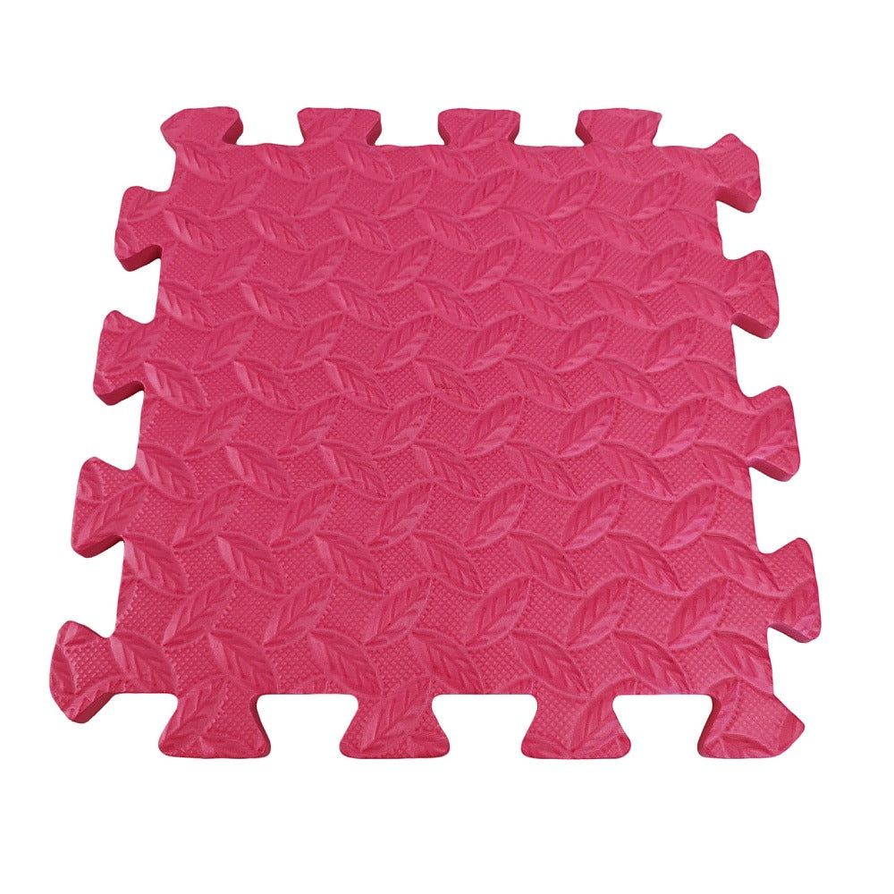 A pink Eva Foam coloured mat with a textured surface, consisting of 6 interlocking pieces.