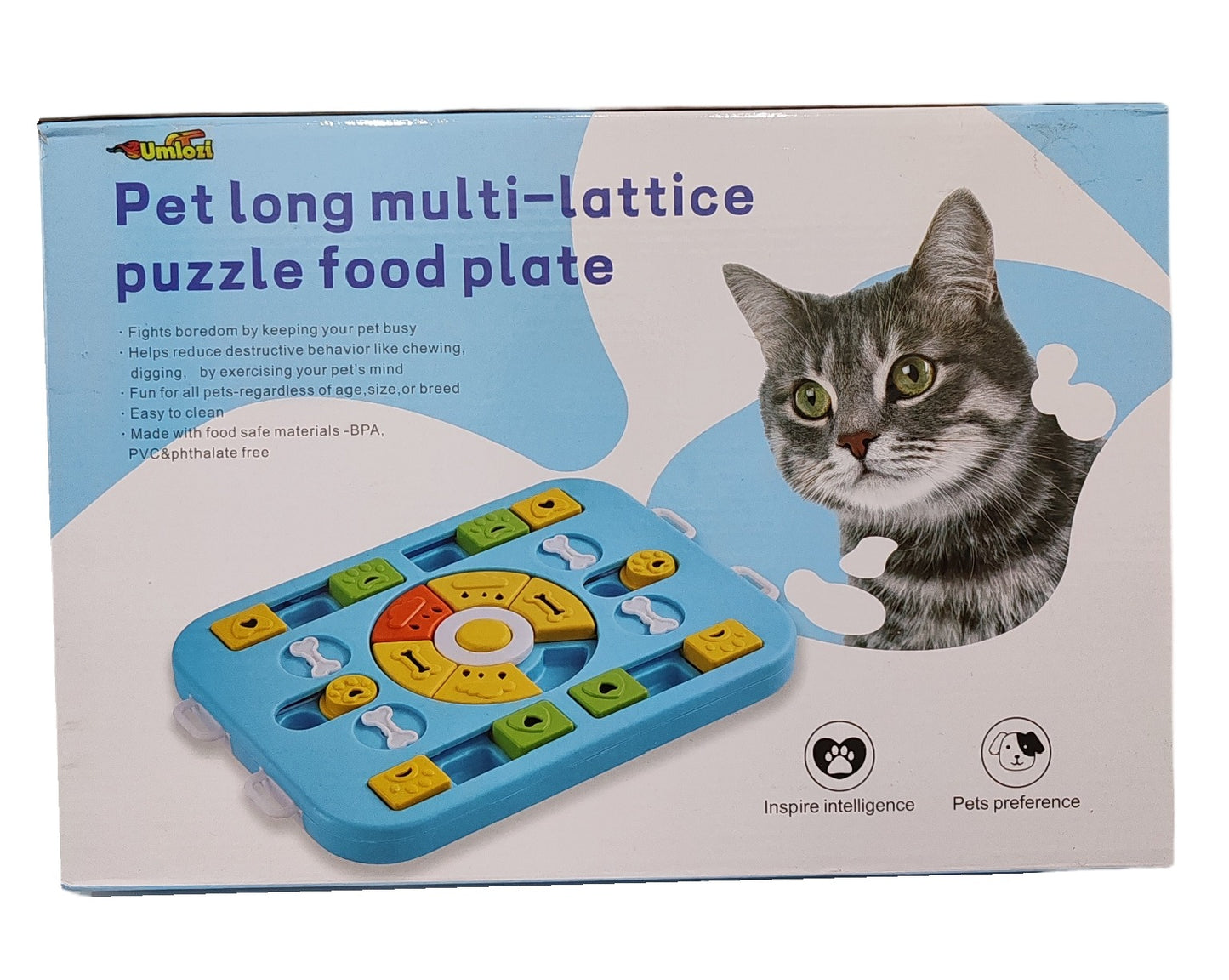 pet feeder, pet puzzle feeder, slow feeder, pet toy packaging with cat