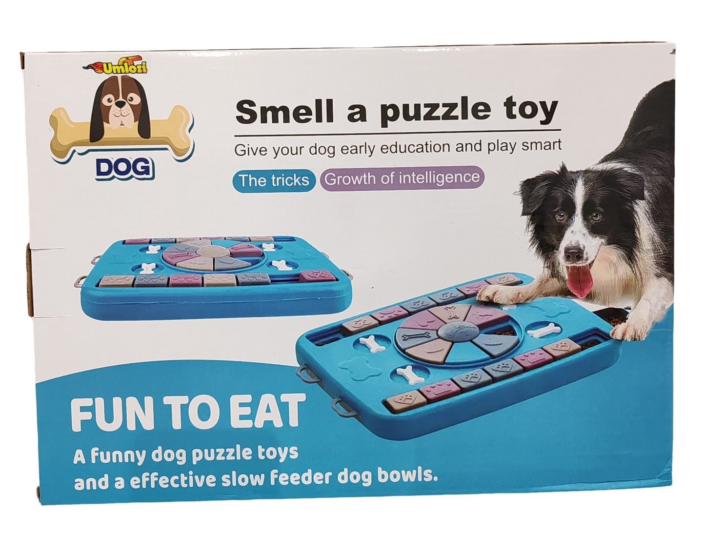 pet feeder, pet puzzle feeder, slow feeder, pet toy packaging with dog