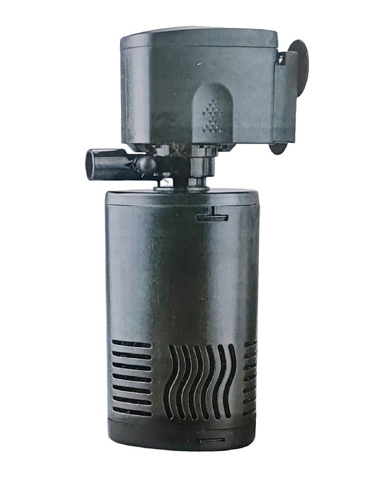Black cylindrical pump with top cover on a white background