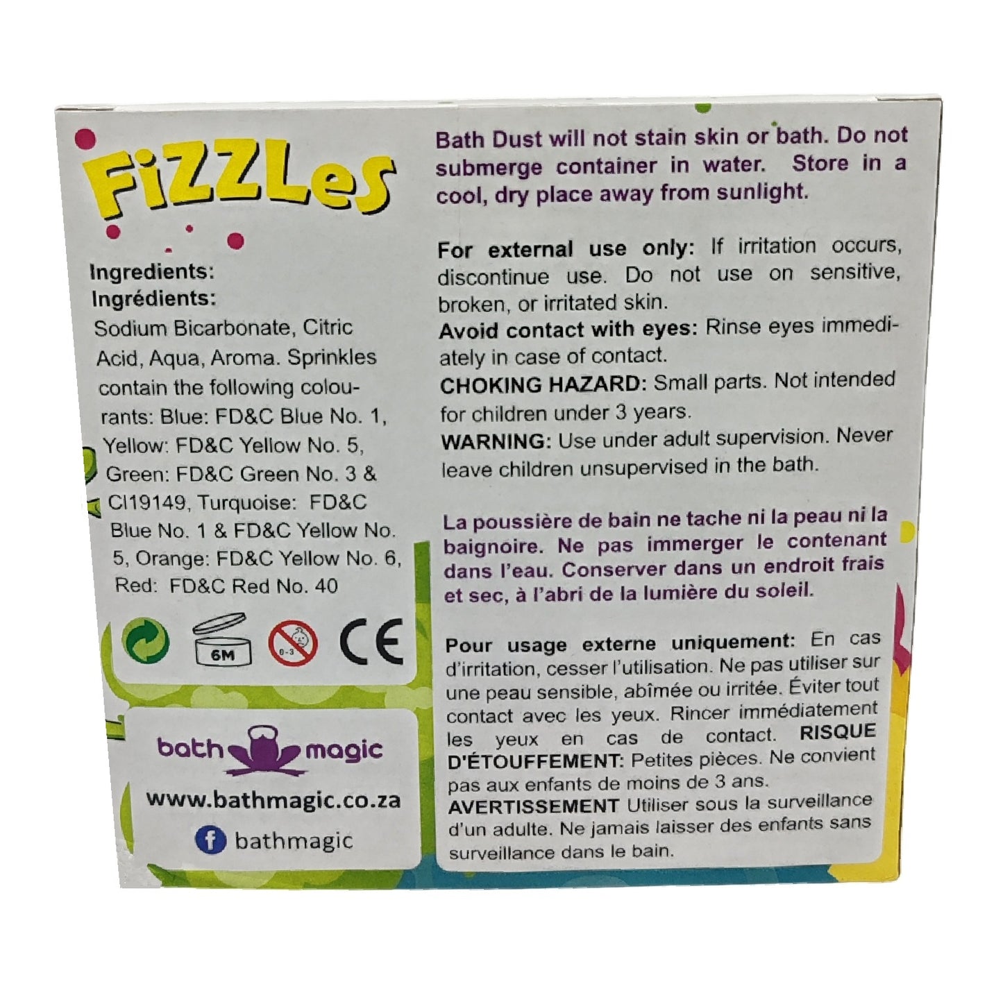 Fizzles bath dust,bathtime fun, fizzles, back of packagin image