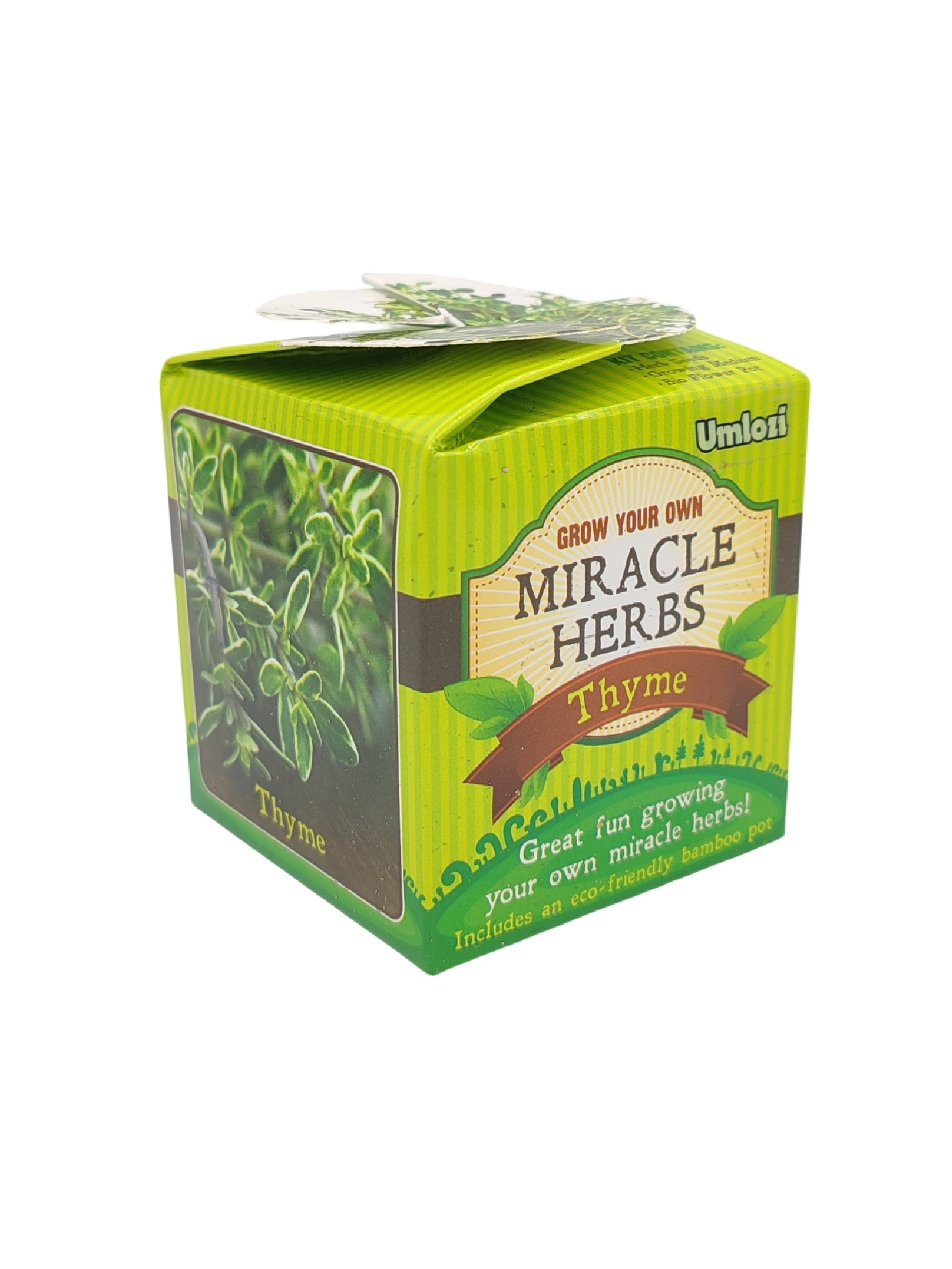 Box of Miracle Herbs Thyme with green and brown design on a white background