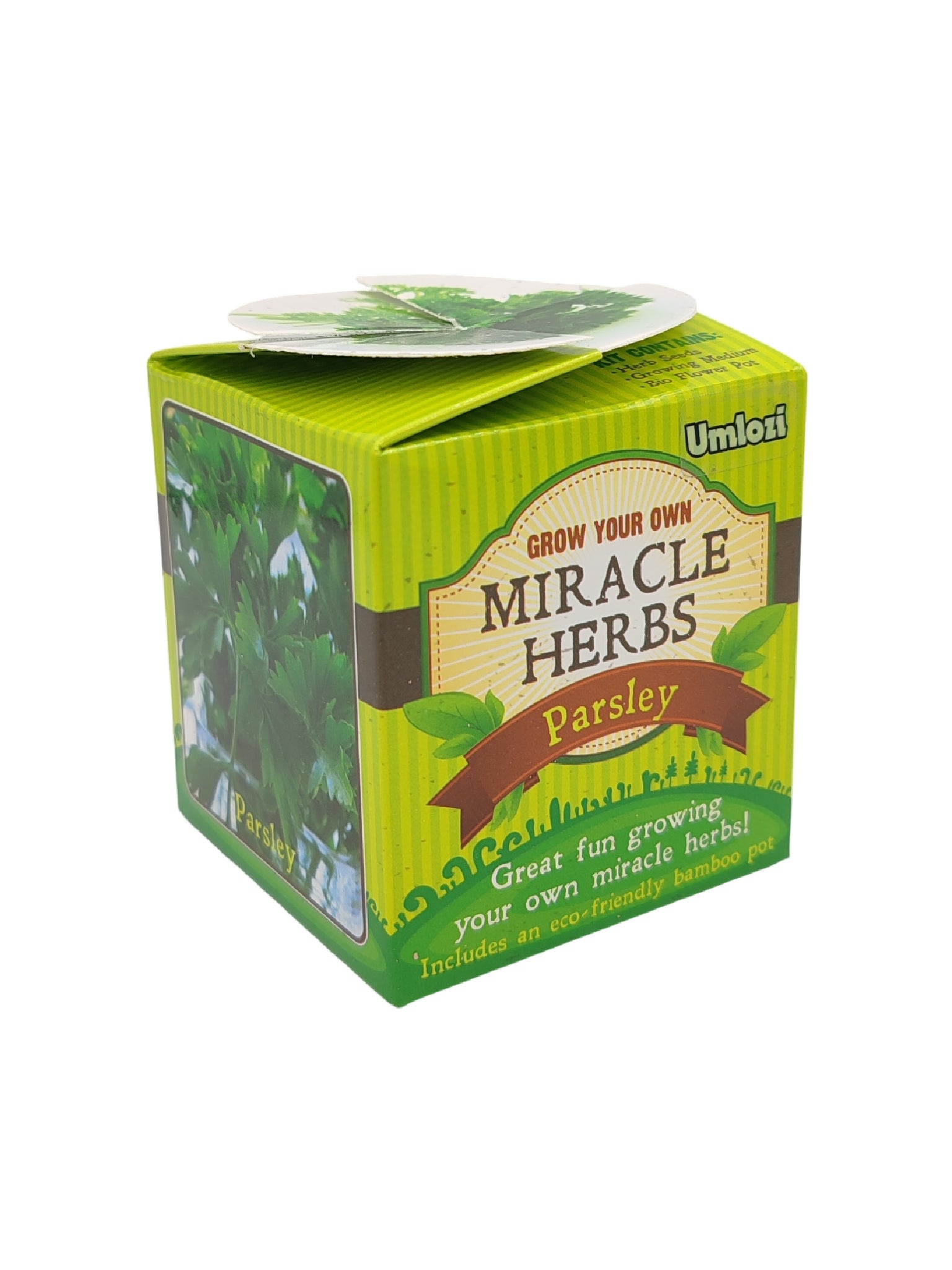 Box of Miracle Herbs Parsley with green and brown design on a white background