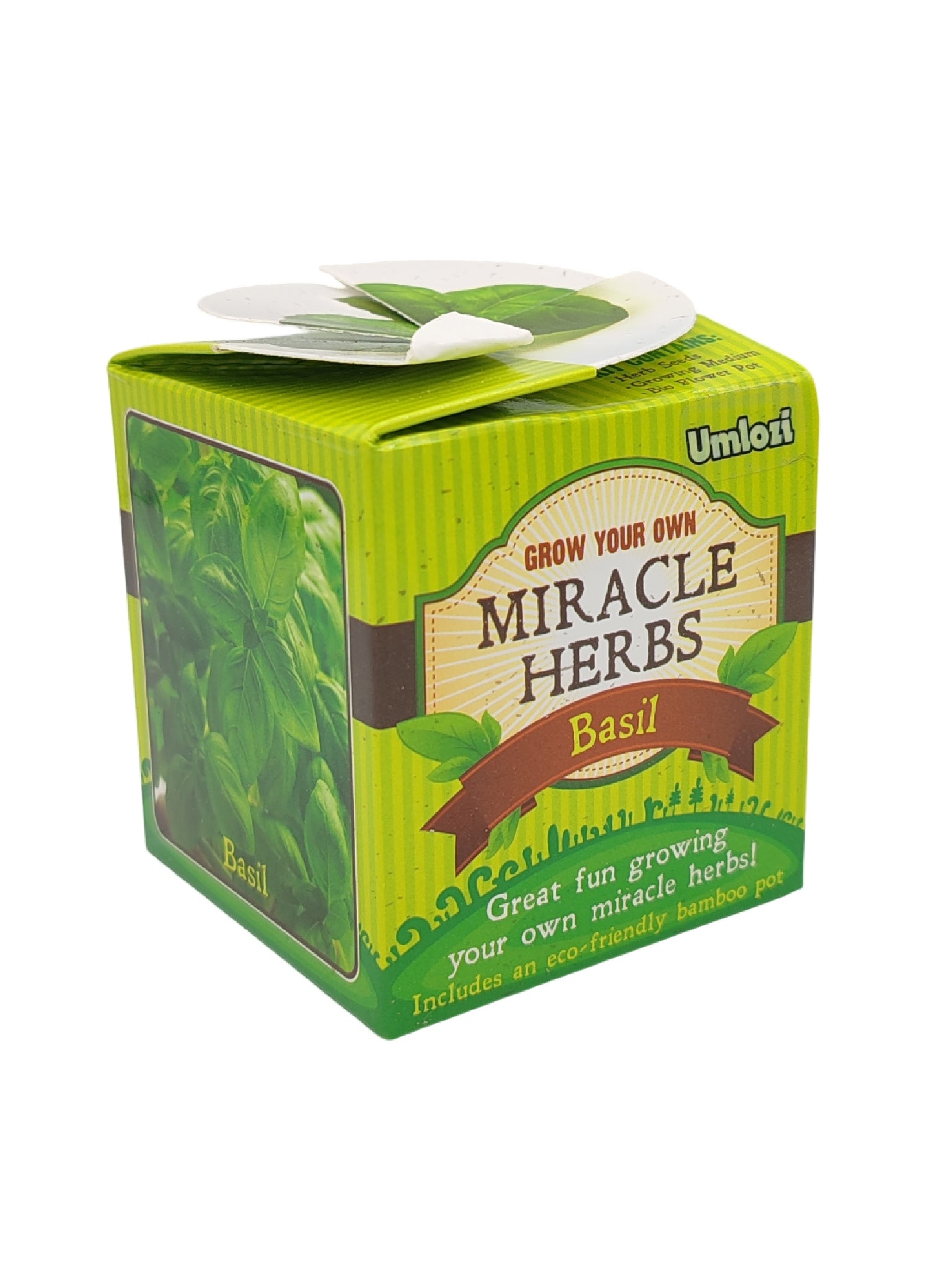Box of 'Grow Your Own Miracle Herbs' basil kit by Umlozi on a white background