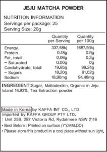 Nutrition information and ingredient list for Jeju Matcha Powder packaging.