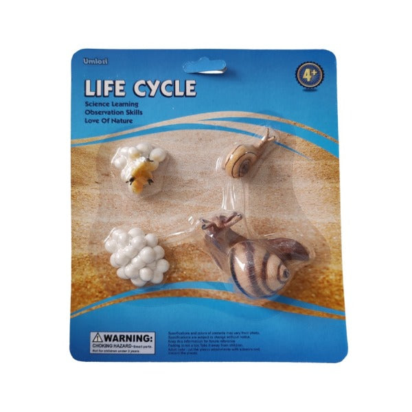 Packaged educational toy set showing the life cycle of a snail on a blue background.
