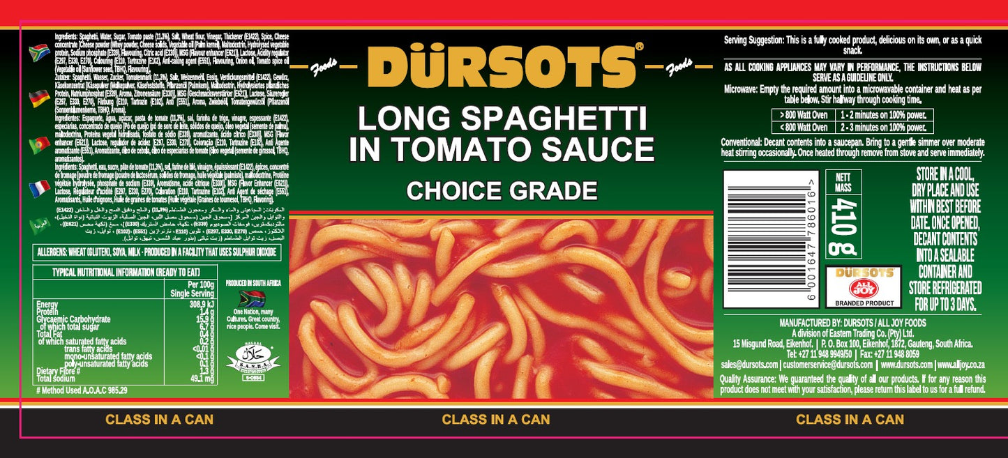 Dursots Long Spaghetti In Tomato Sauce - 12 x 410g