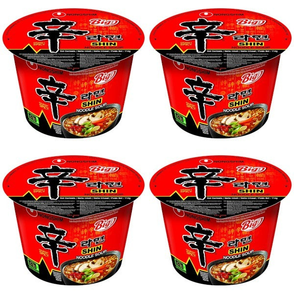 Four containers of Shin Noodle Soup with red and black packaging.